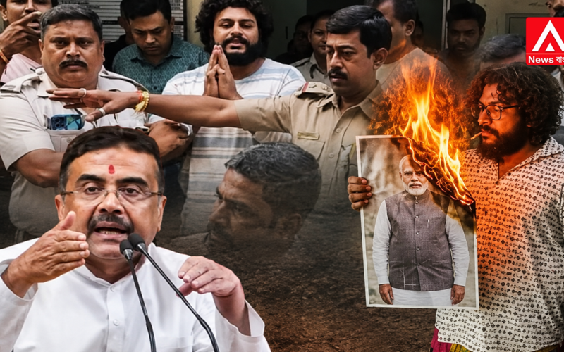 The audacity to light a cigarette using the flames from a burning photograph of the Prime Minister! Bengal Police have arrested Soumik from Barasat.